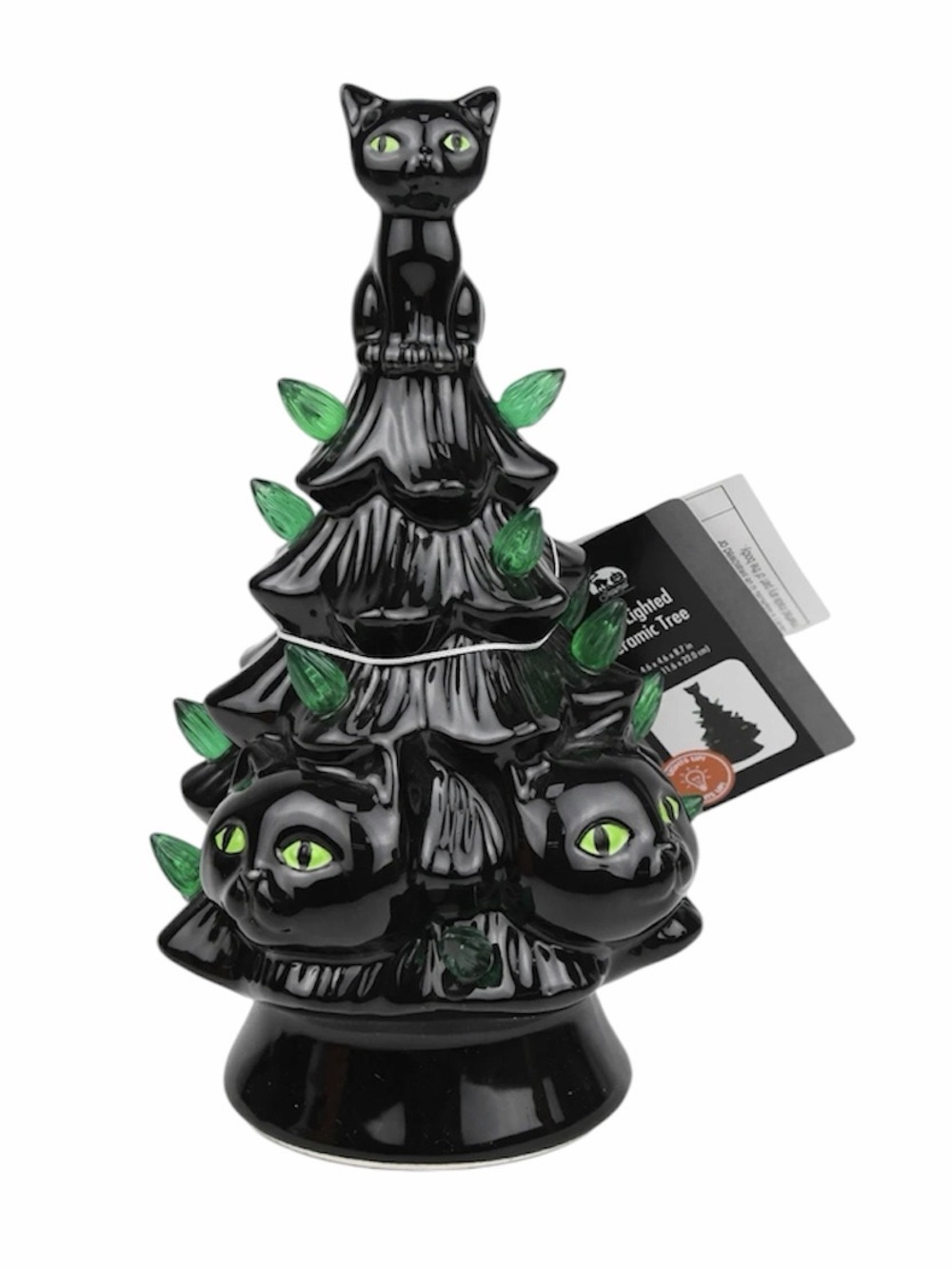 Black Cat Ceramic Holiday Tree with Green Lights